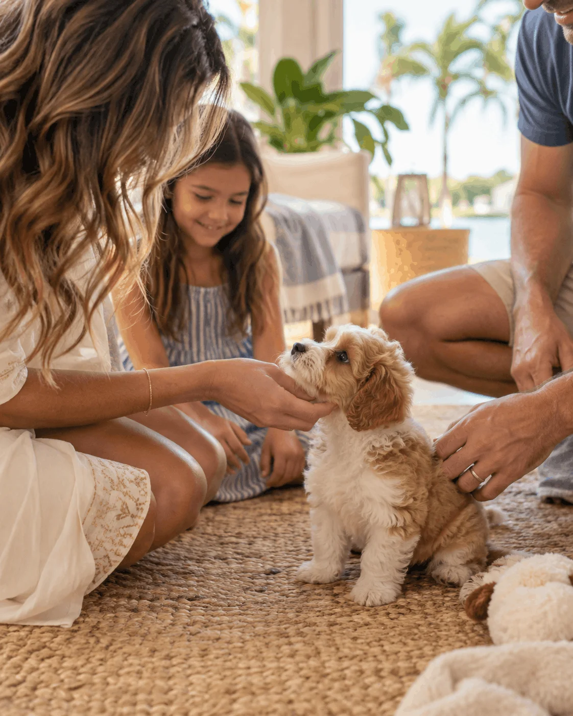 Family meeting a small-breed puppy