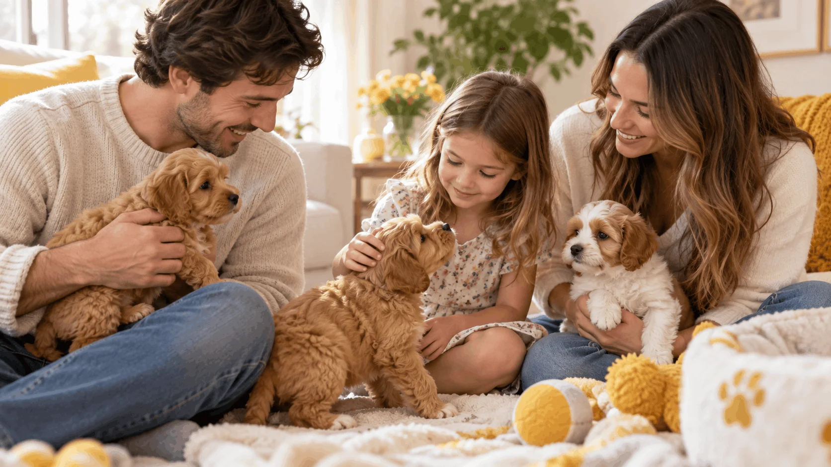 Small-breed puppies receiving caring family attention