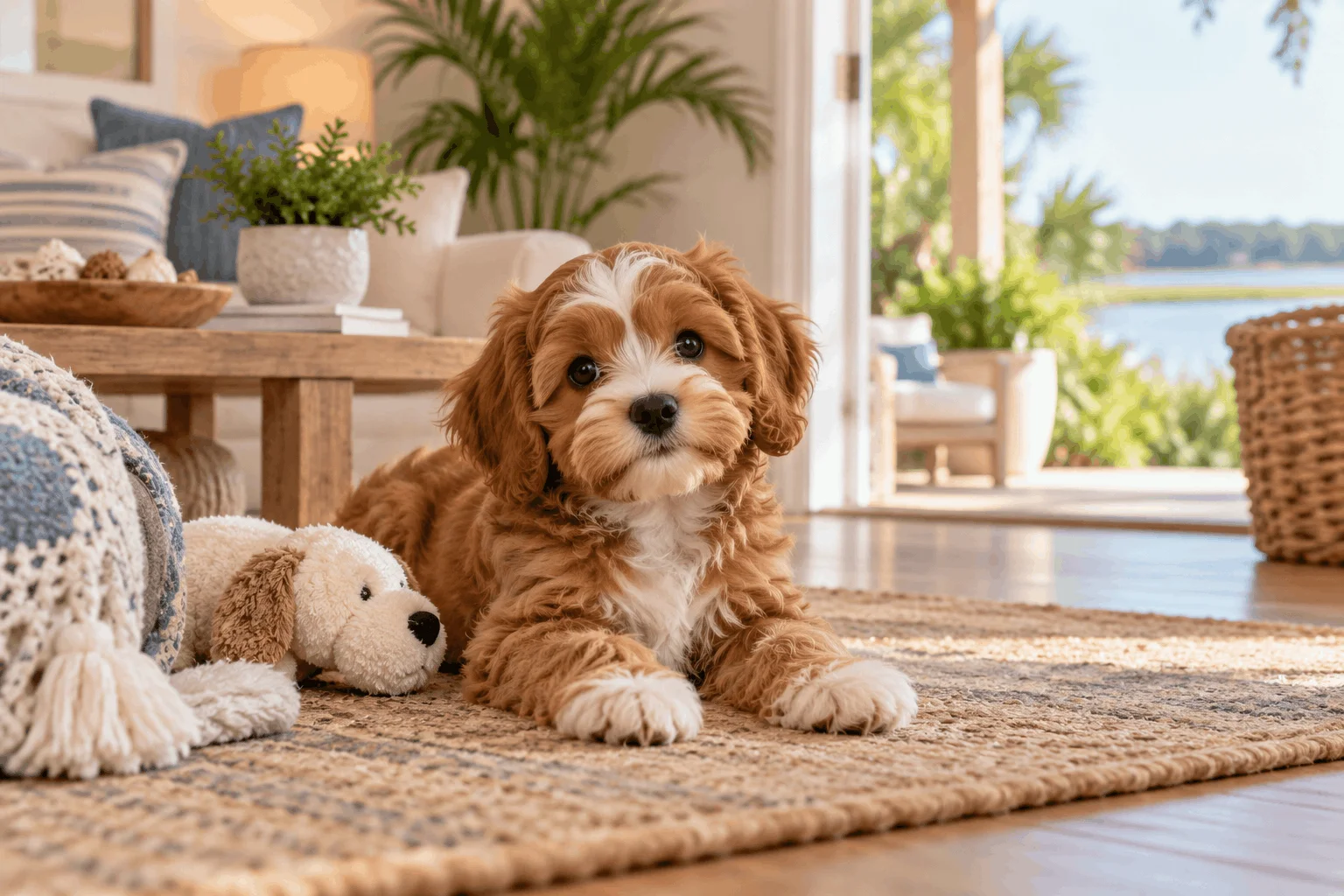 Small-breed puppy beside a soft toy