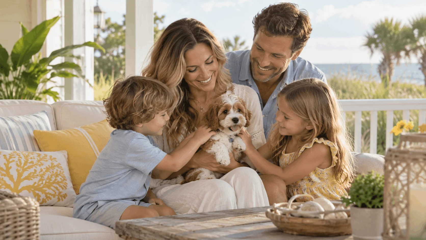 Family sitting together with a small-breed puppy