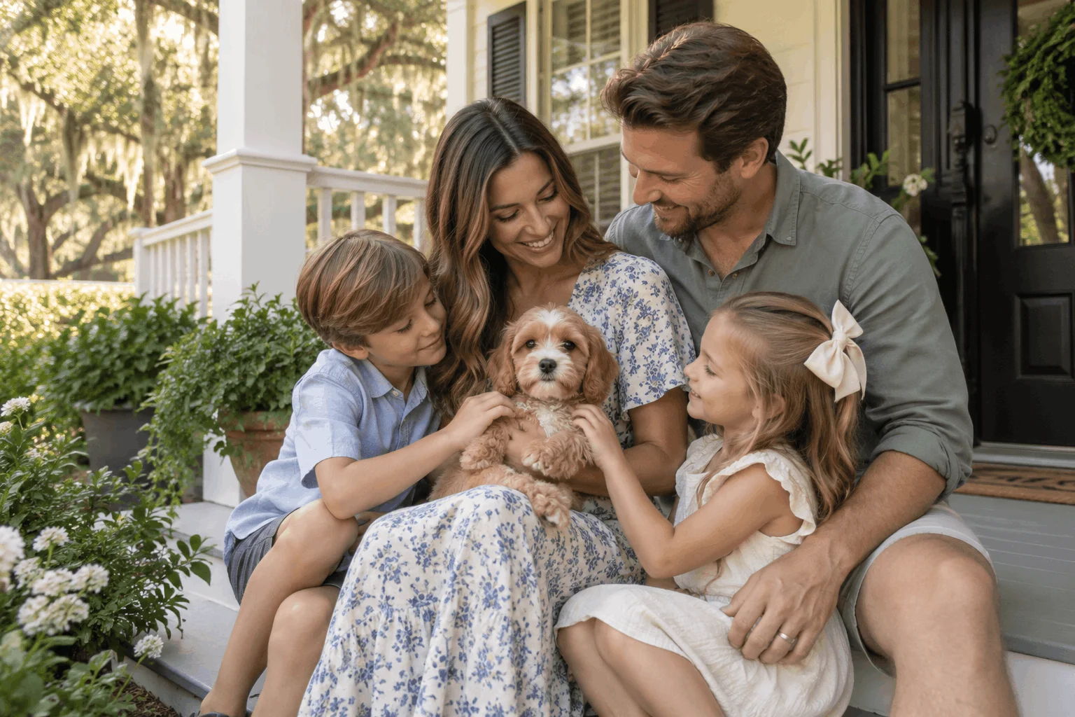Family on porch steps with a small-breed puppy