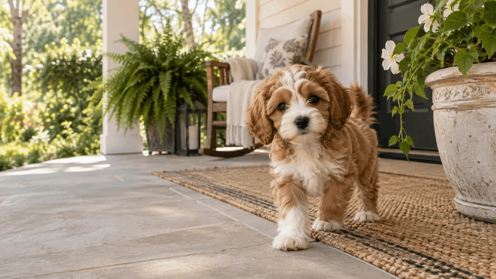 Small-breed puppy walking on a patio