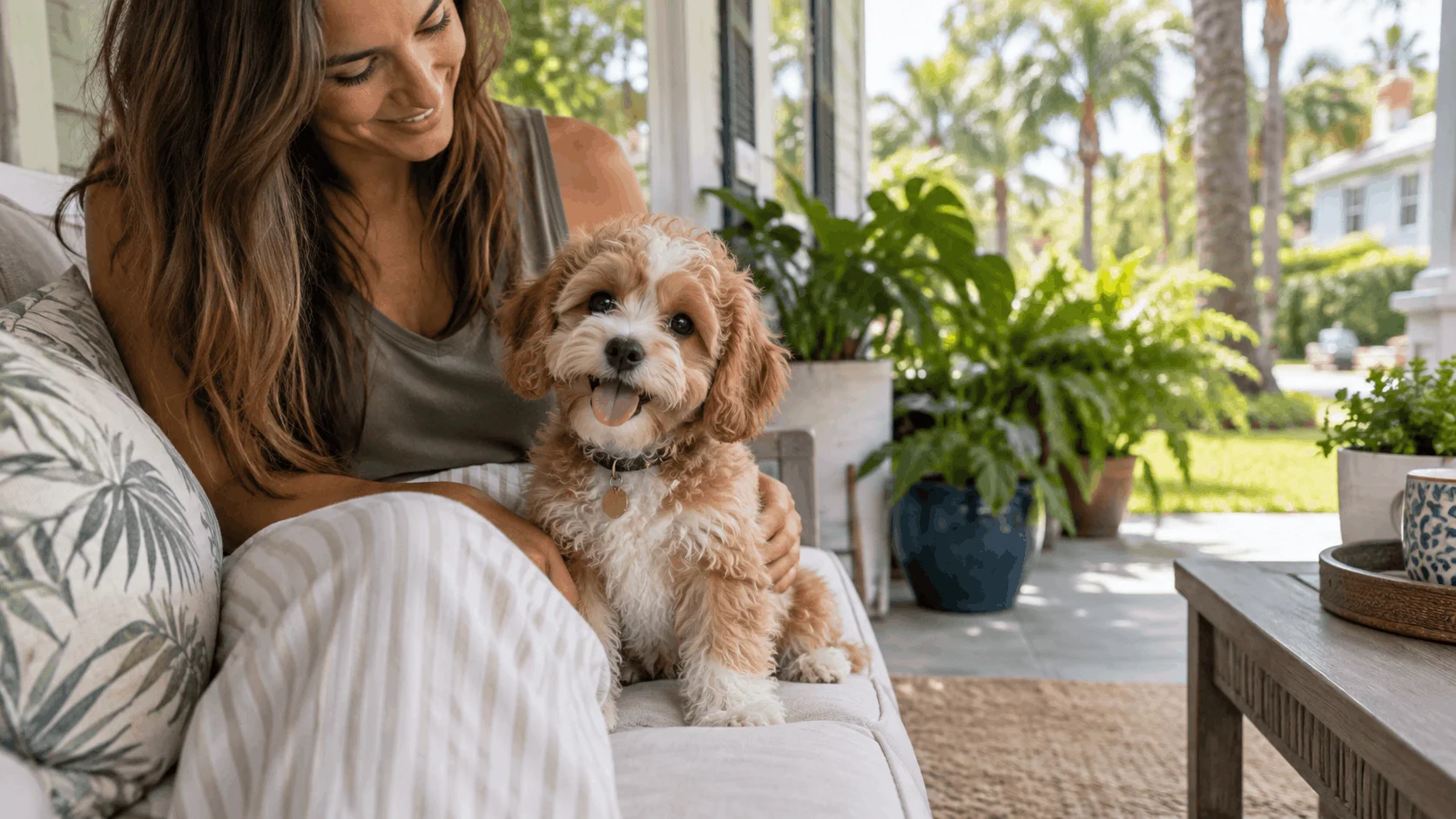 Woman relaxing with a small-breed puppy