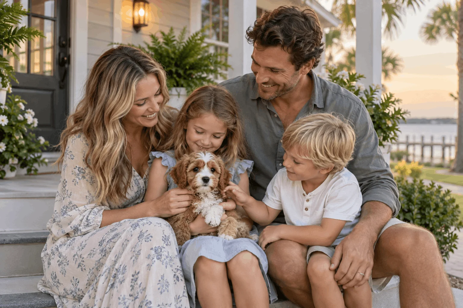 Family on a porch holding a small-breed puppy