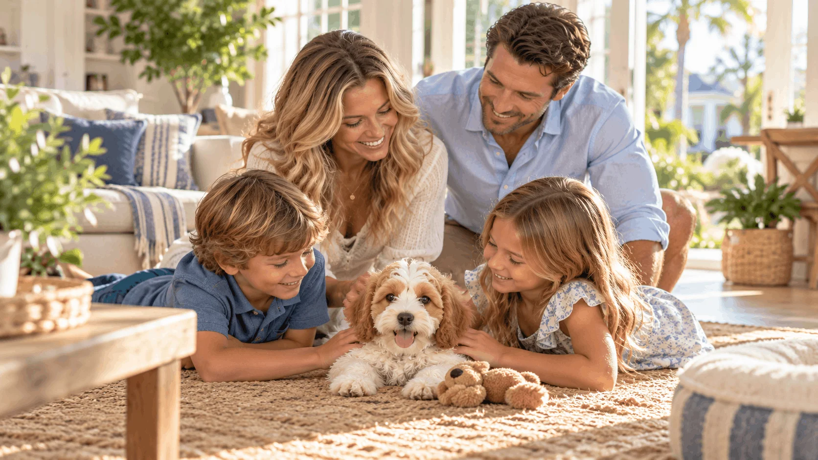 Family resting with a small-breed puppy