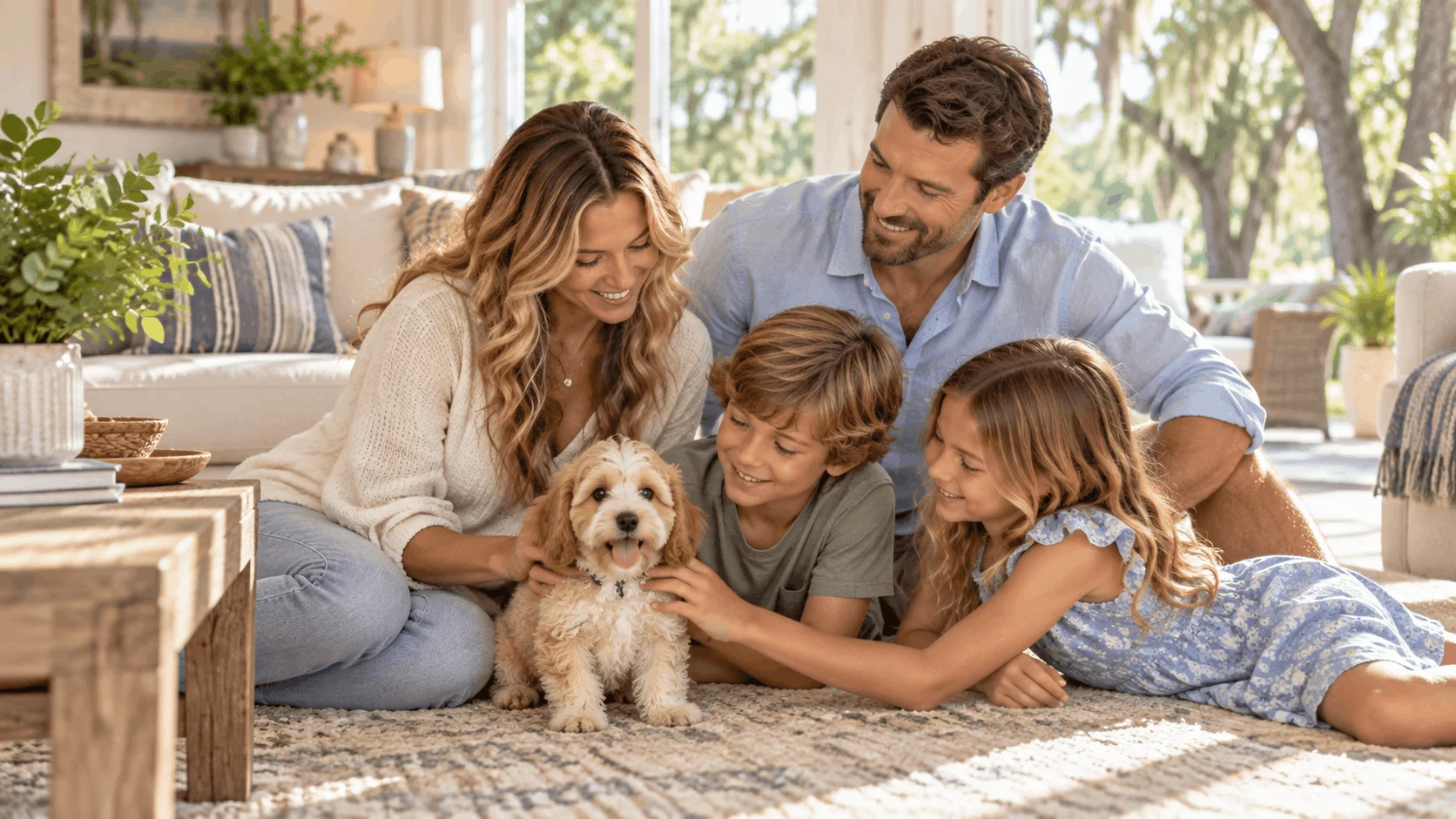 Family lying on a rug beside a small-breed puppy