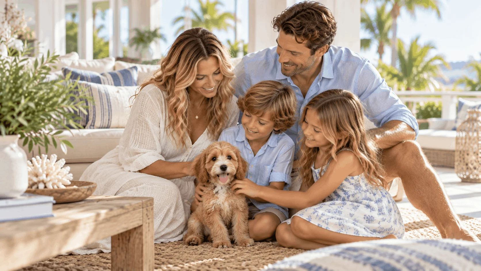 Parents and children with a small-breed puppy