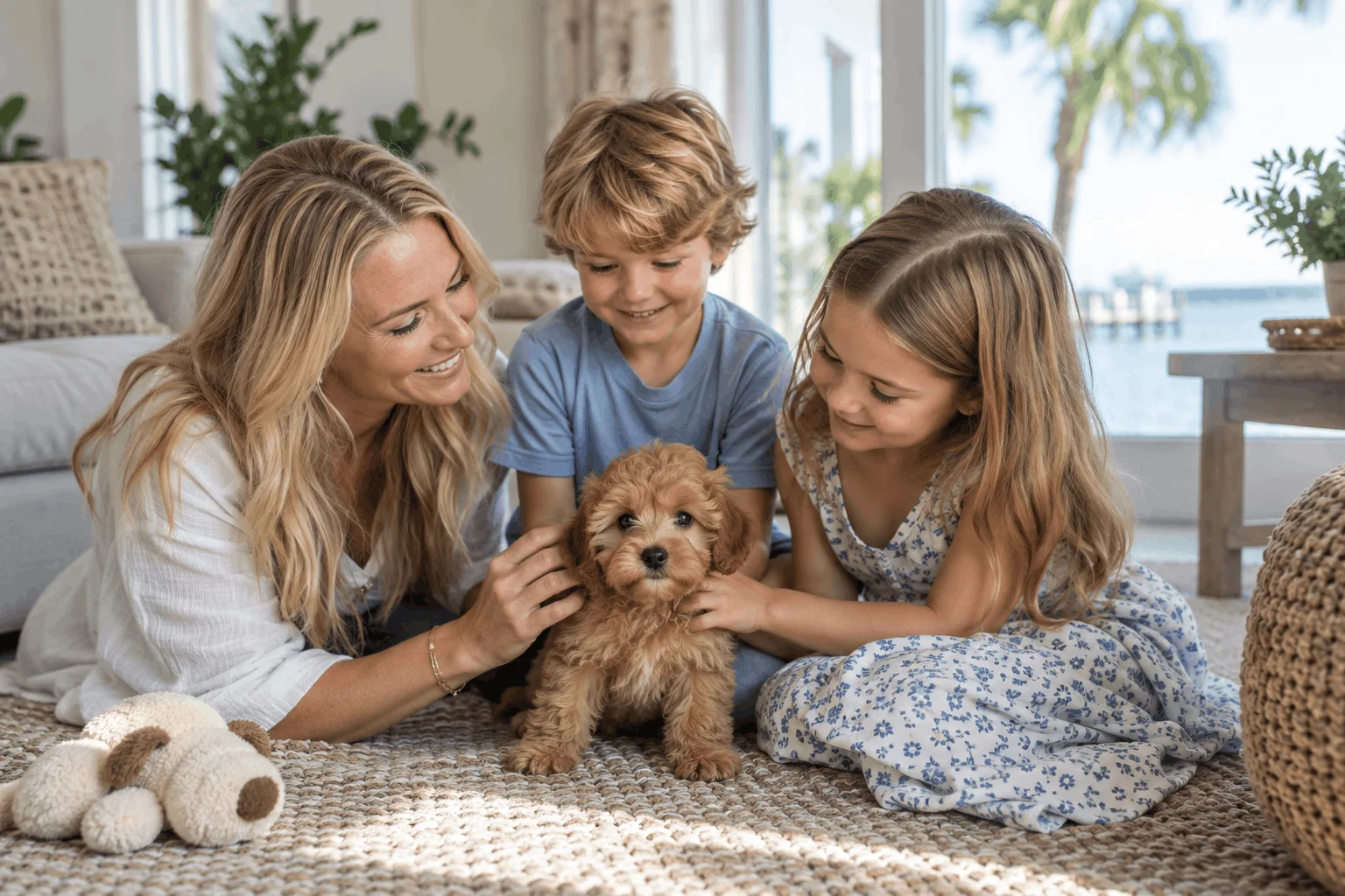 Mother and children with a small-breed puppy