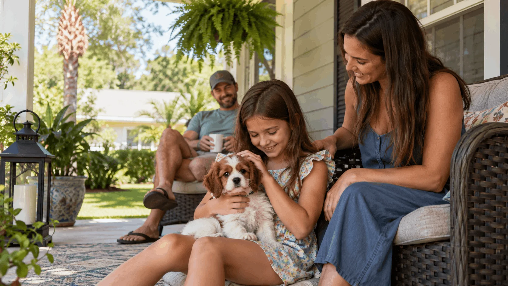 Family on a porch with a small-breed puppy