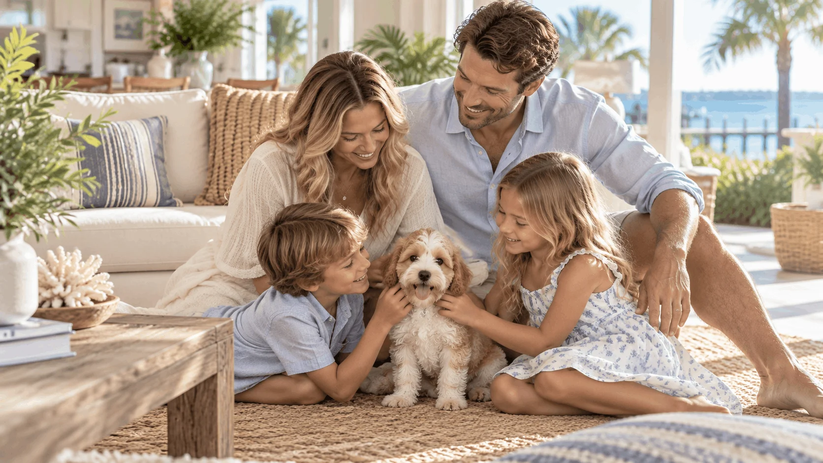 Family spending time with a small-breed puppy