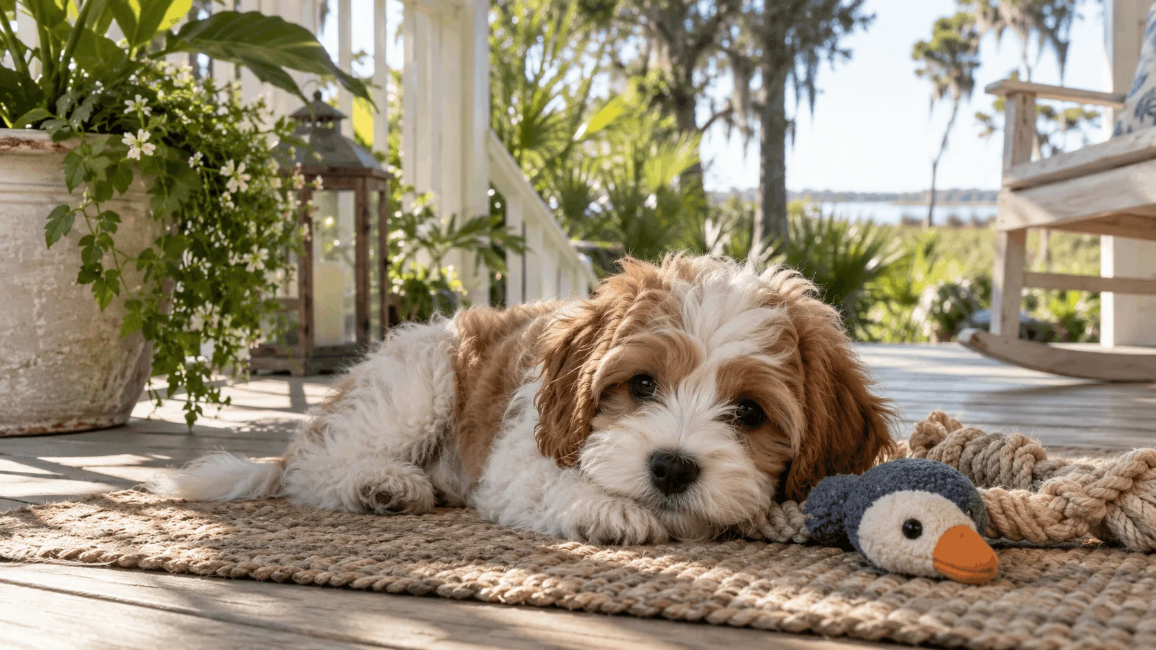 Small-breed puppy resting on a porch