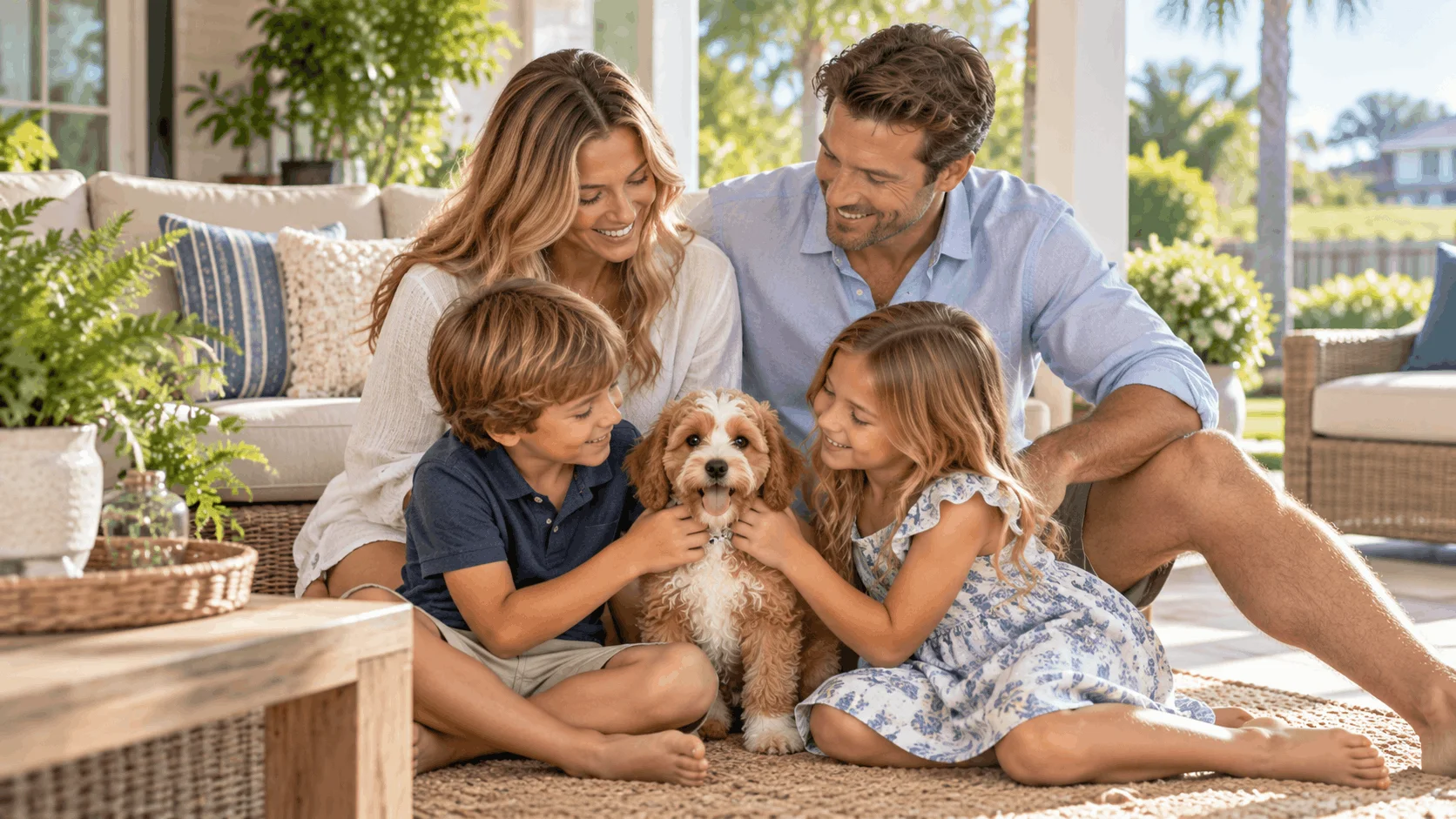 Family with a small-breed puppy at home