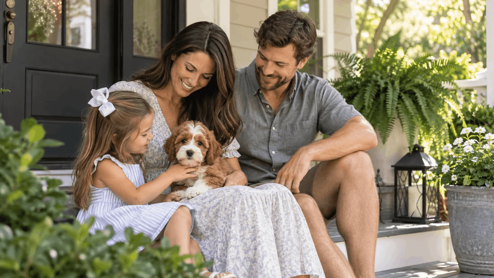 Family gathered on front steps with a small-breed puppy
