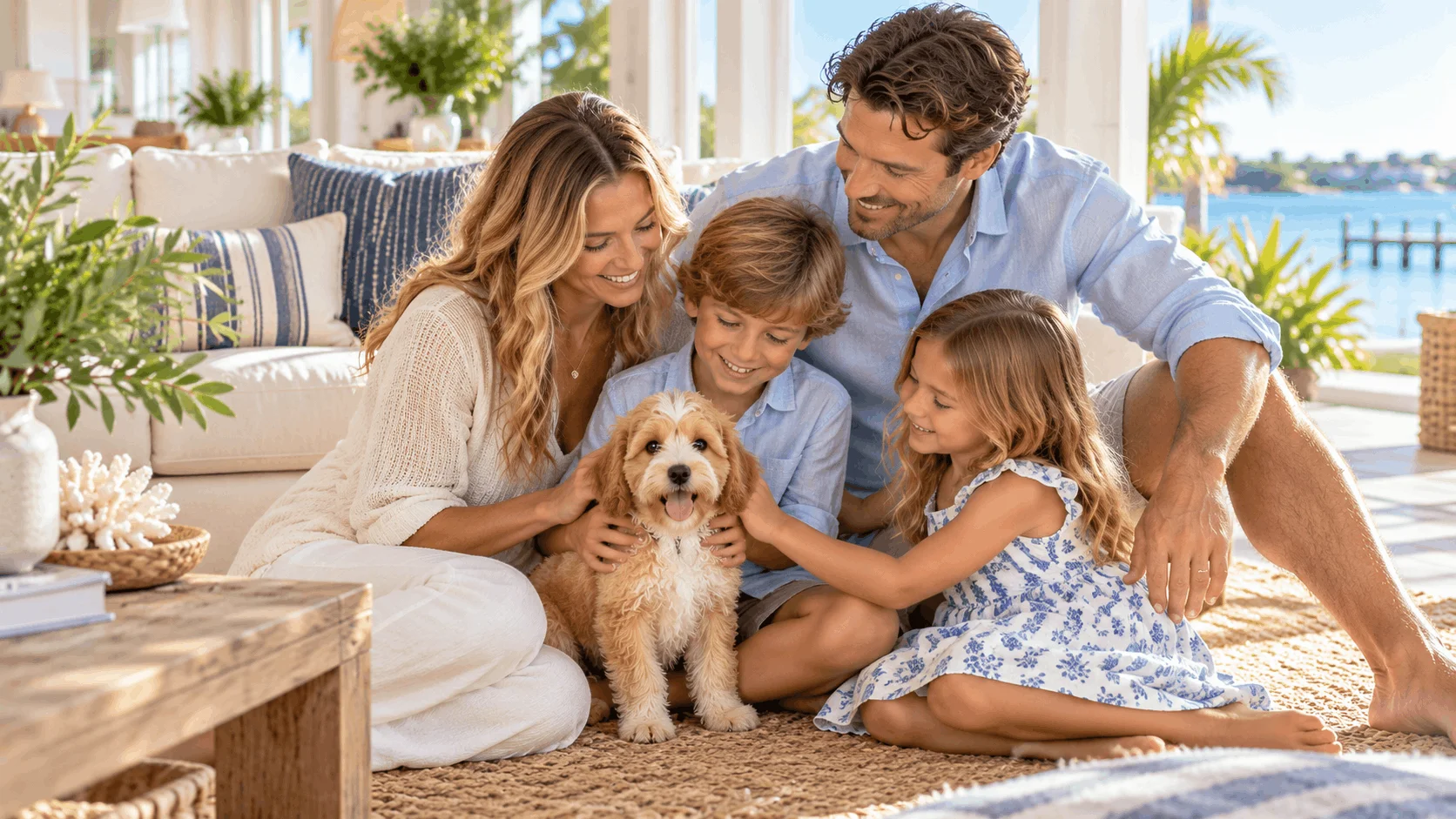 Family with a small-breed puppy on a rug