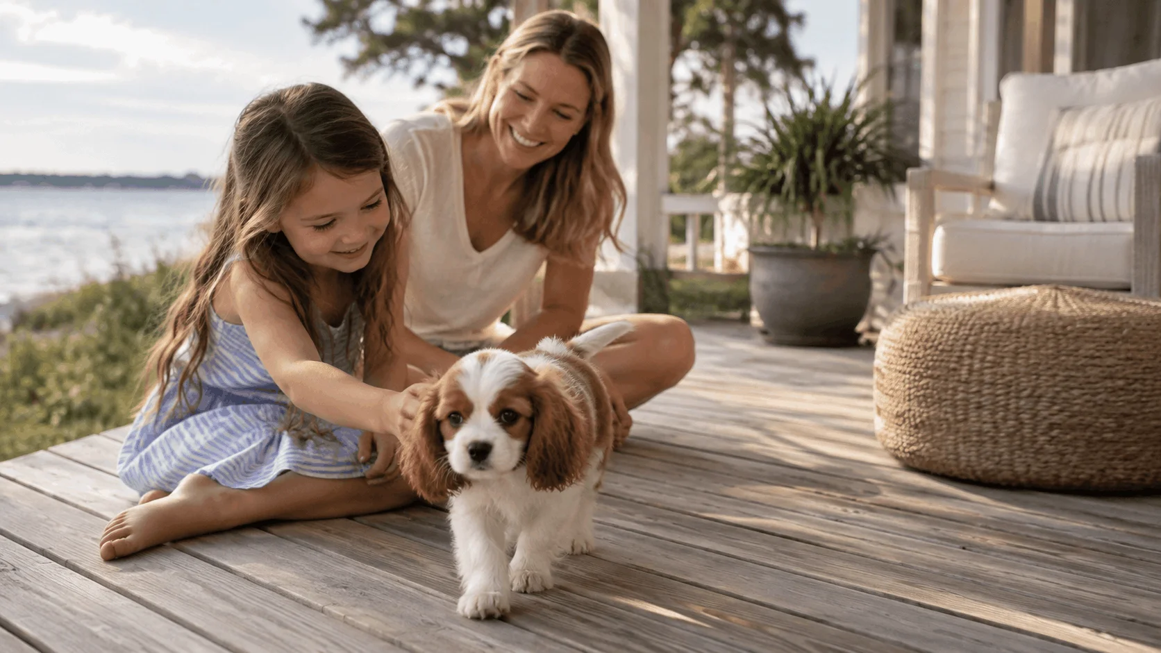 Child and parent petting a small-breed puppy