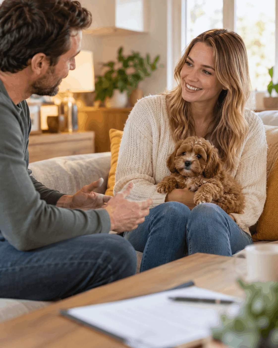 Family discussing puppy rehoming and care