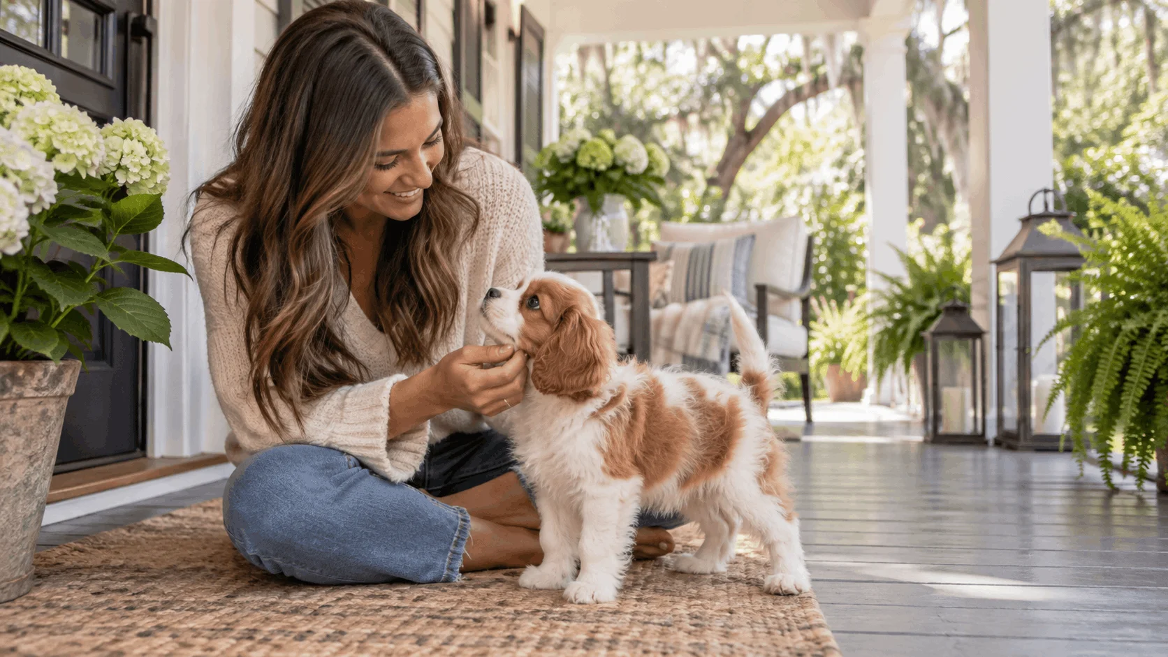 Woman greeting a small-breed puppy on a porch
