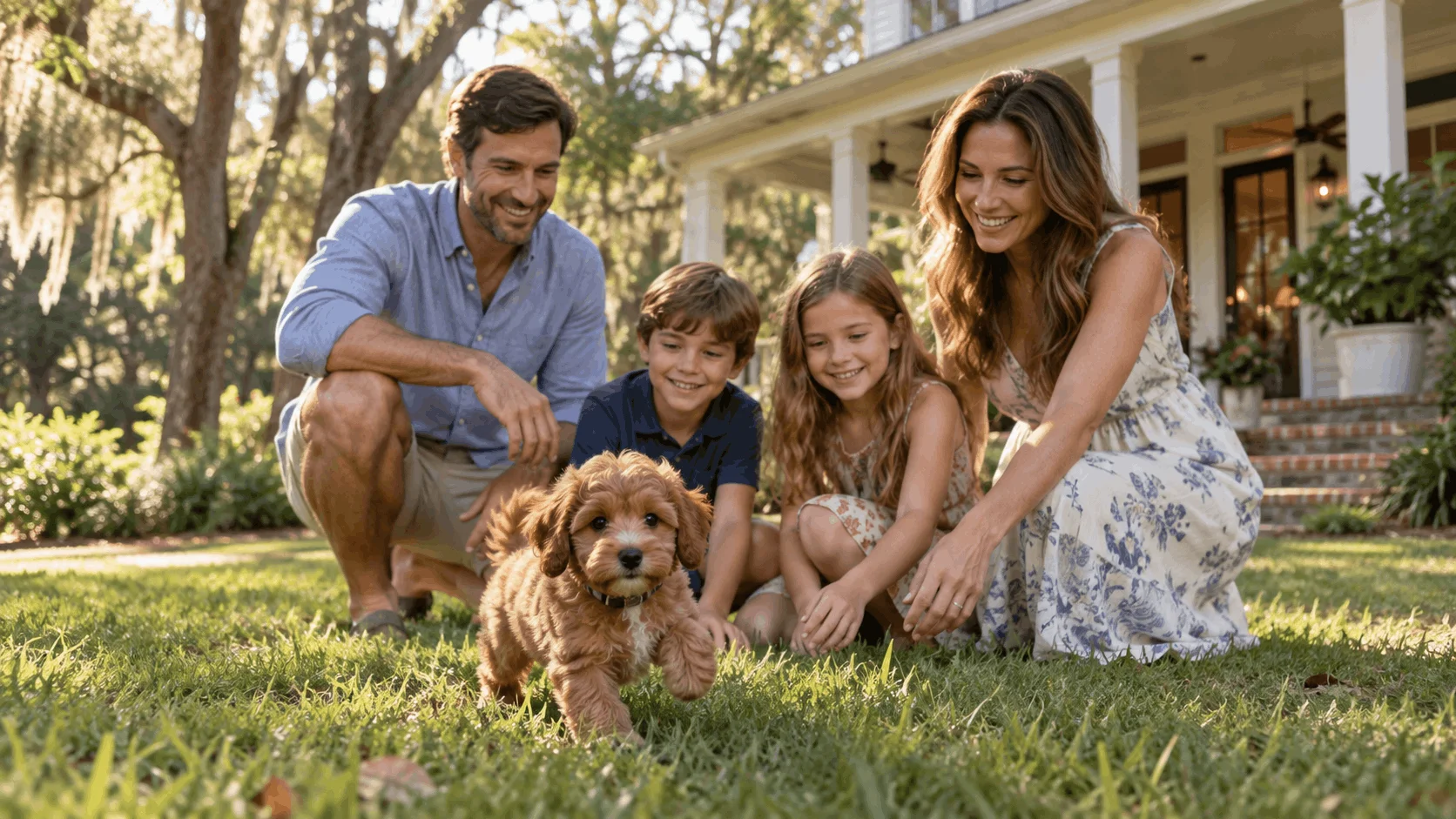 Family in a garden with a small-breed puppy