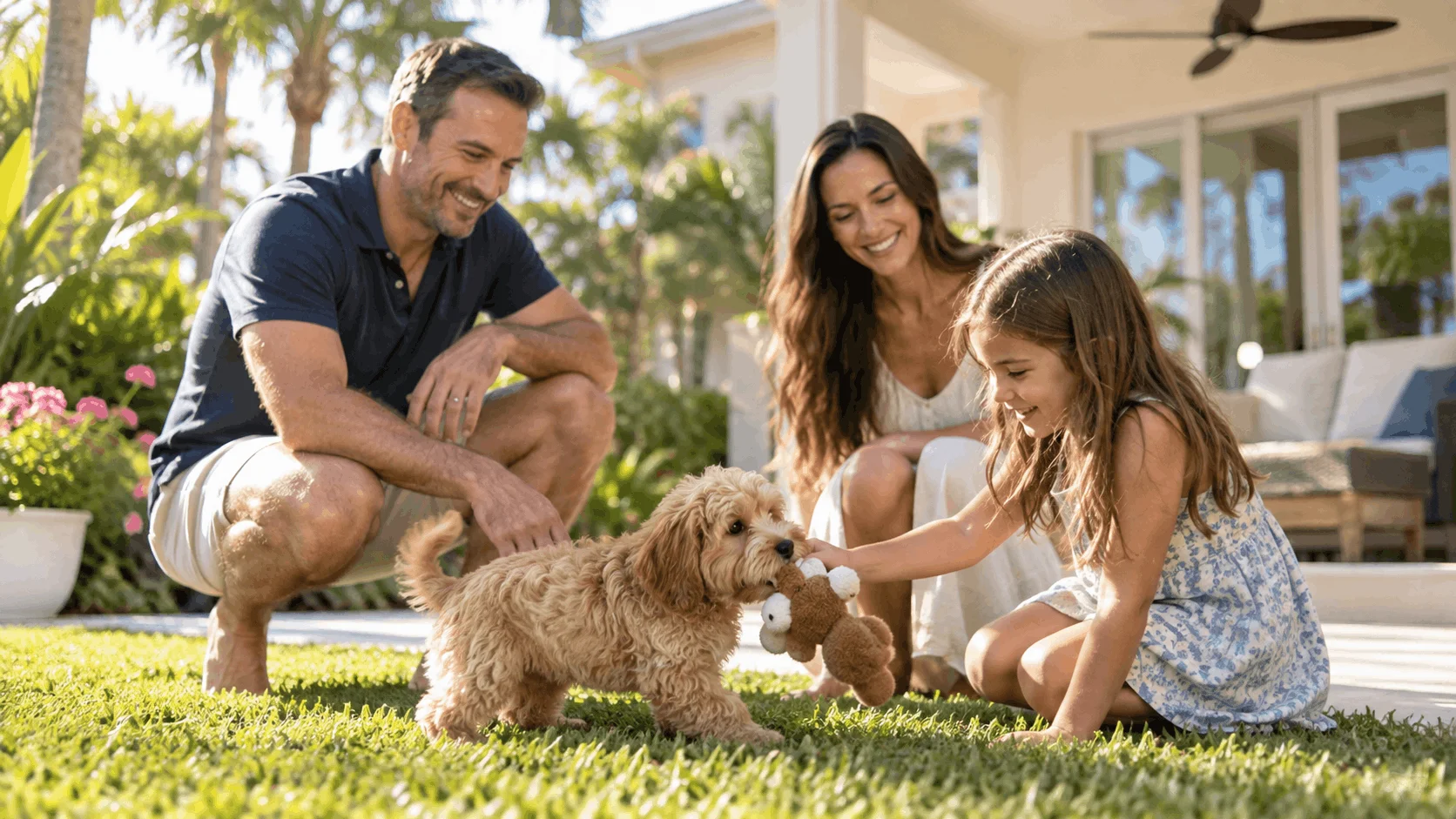 Family playing with a small-breed puppy on a lawn