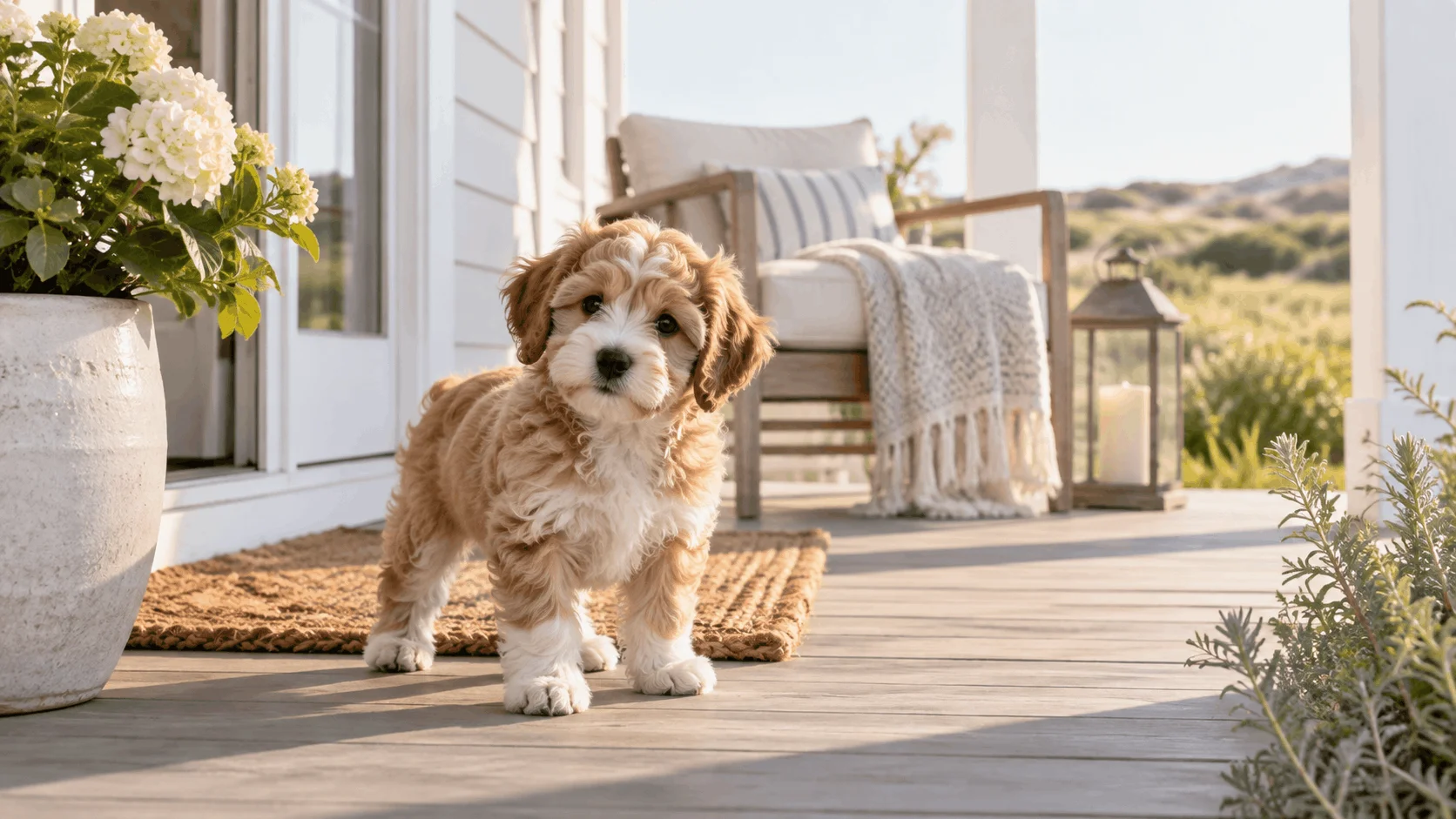 Small-breed puppy standing on a porch