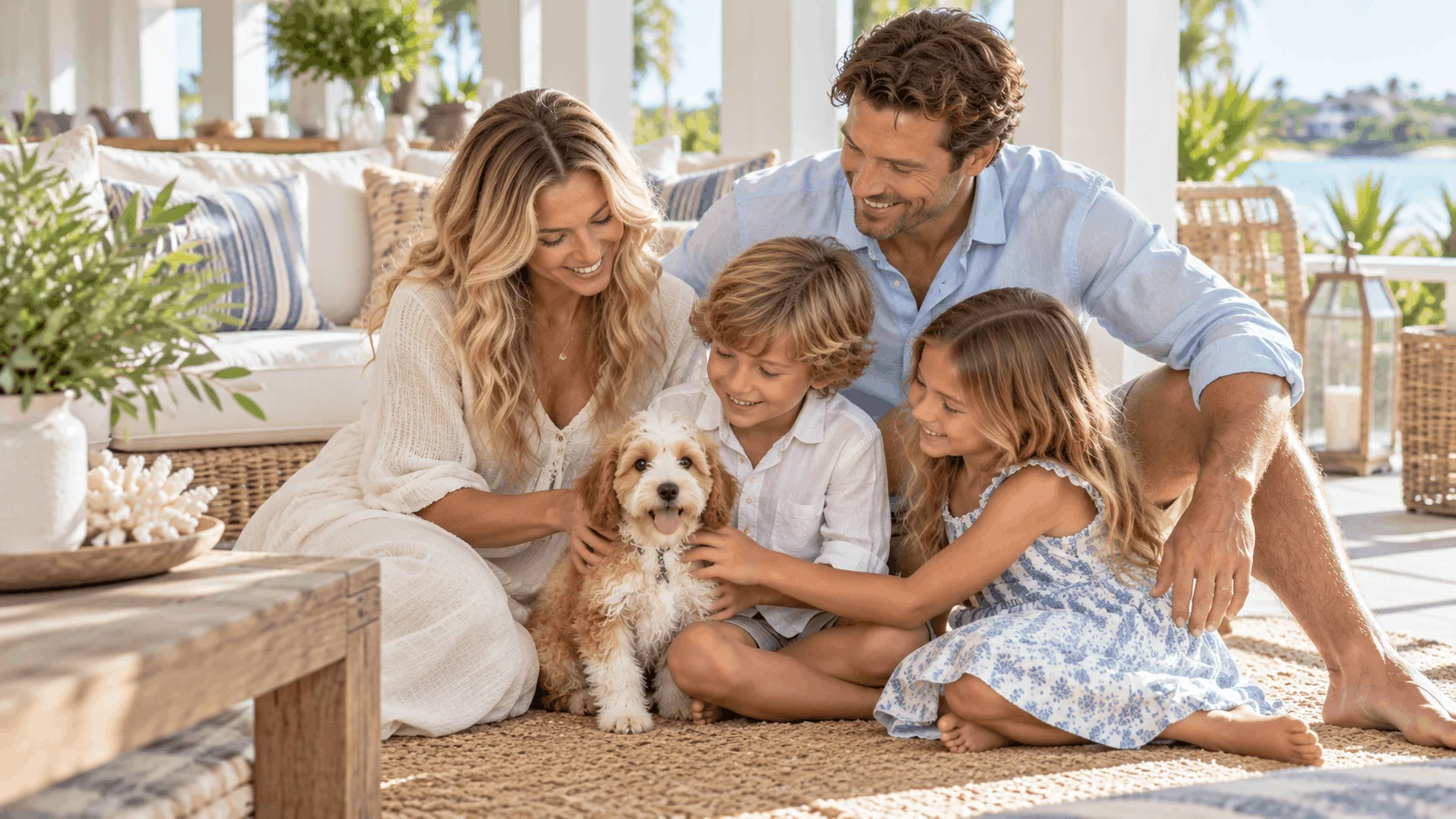 Family gathered around a small-breed puppy