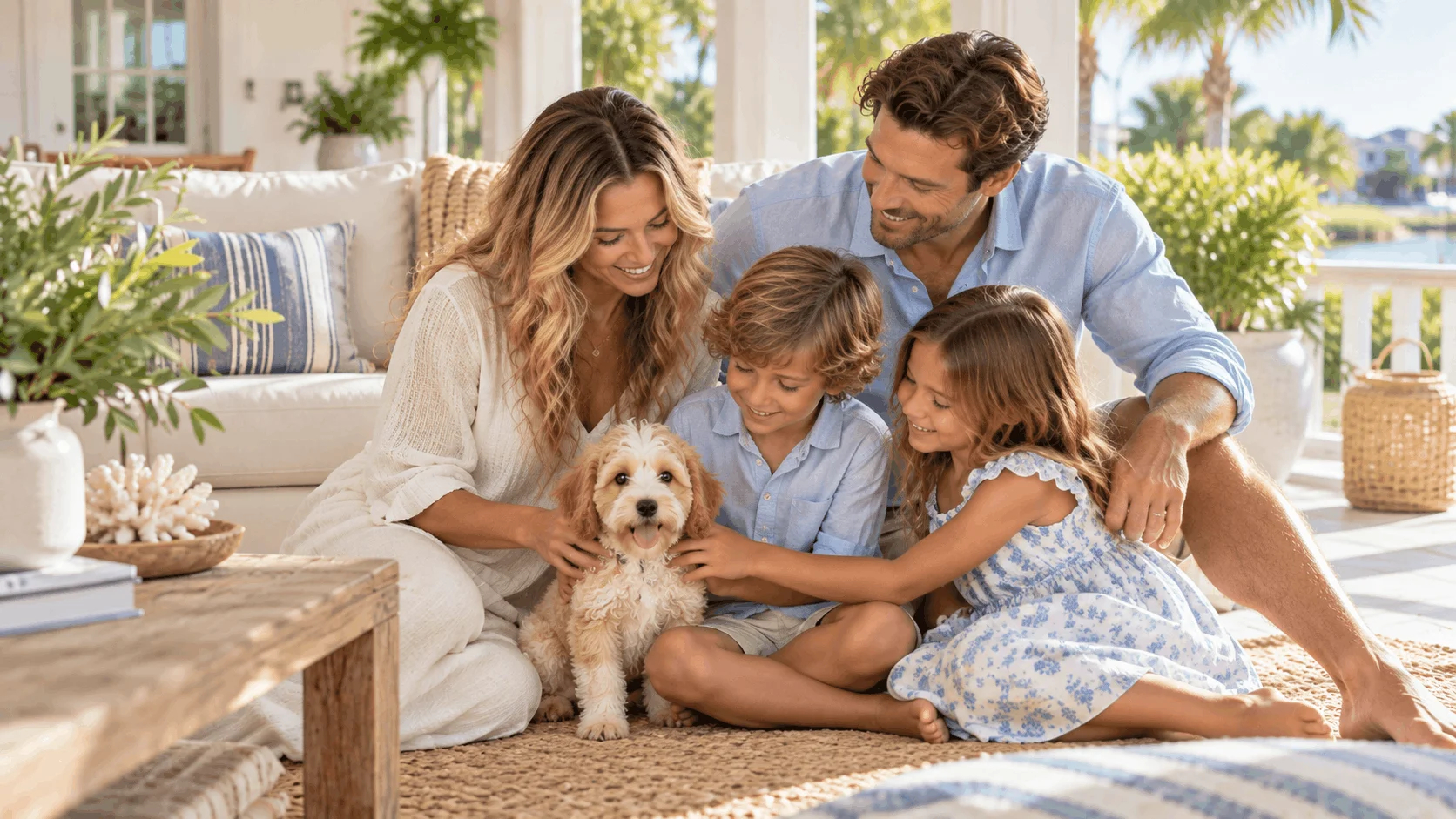 Family sitting together with a small-breed puppy indoors
