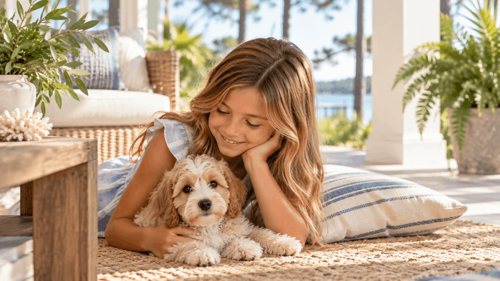 Girl lying beside a small-breed puppy