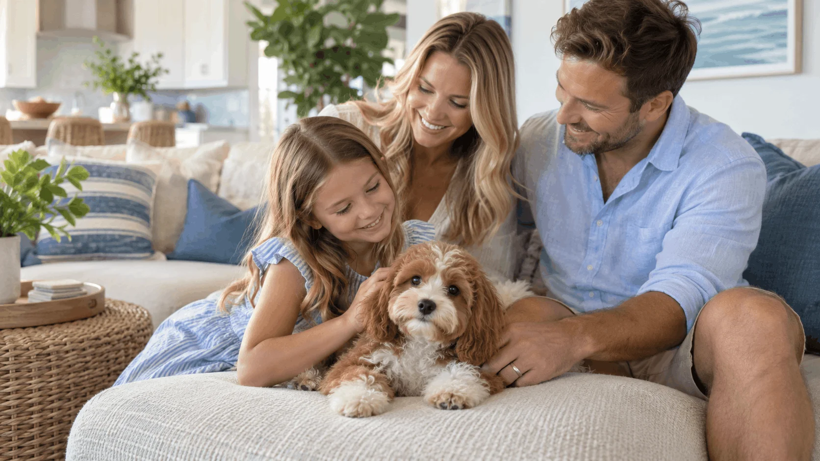 Family relaxing indoors with a small-breed puppy