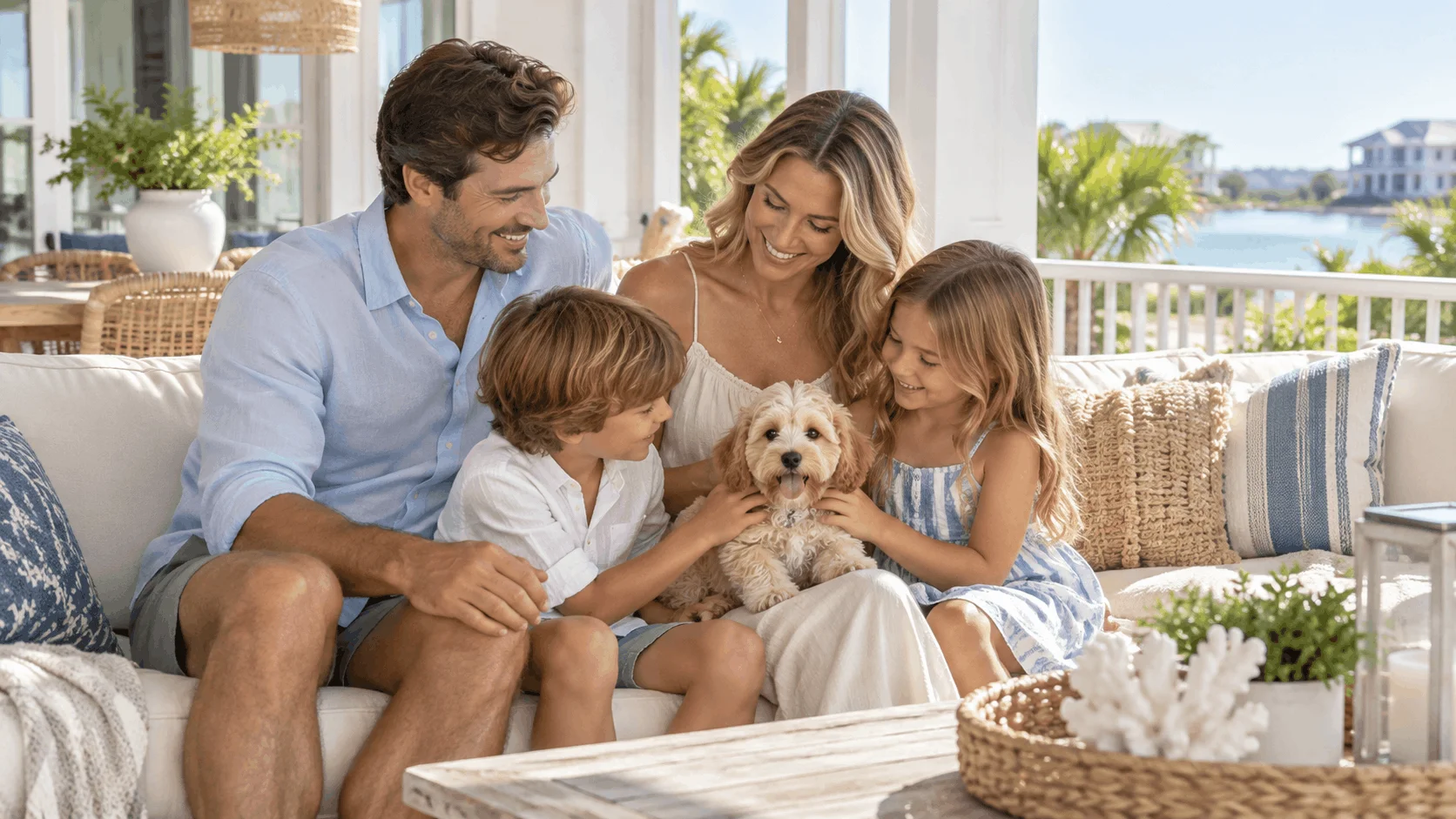 Family sitting outdoors with a small-breed puppy