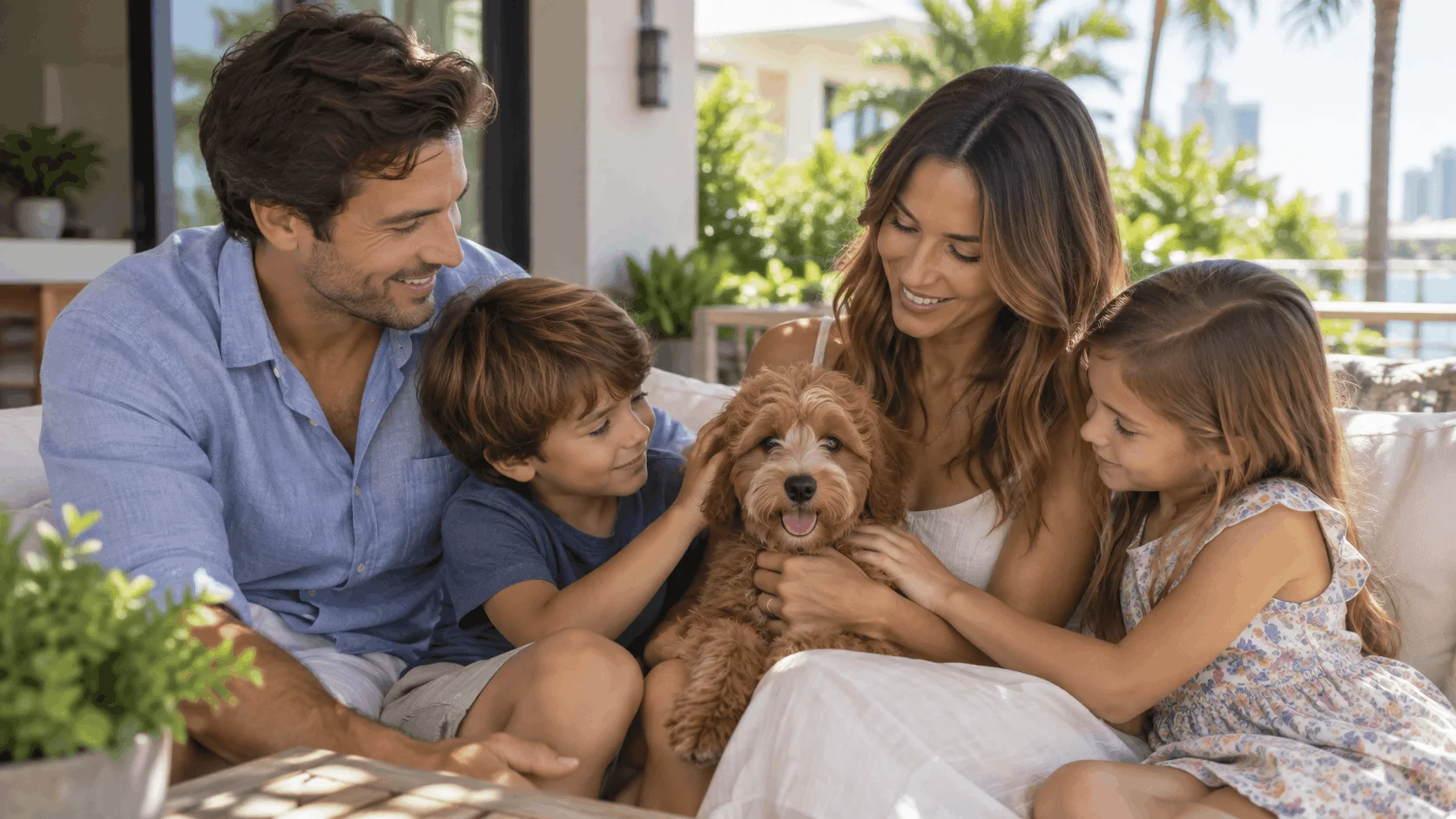 Family holding a small-breed puppy
