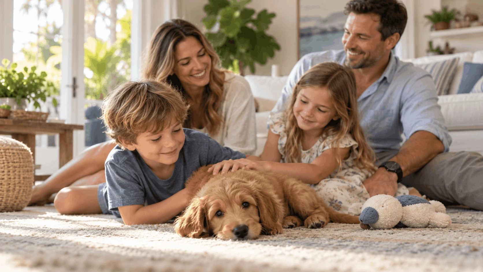 Family lying on a rug with a small-breed puppy