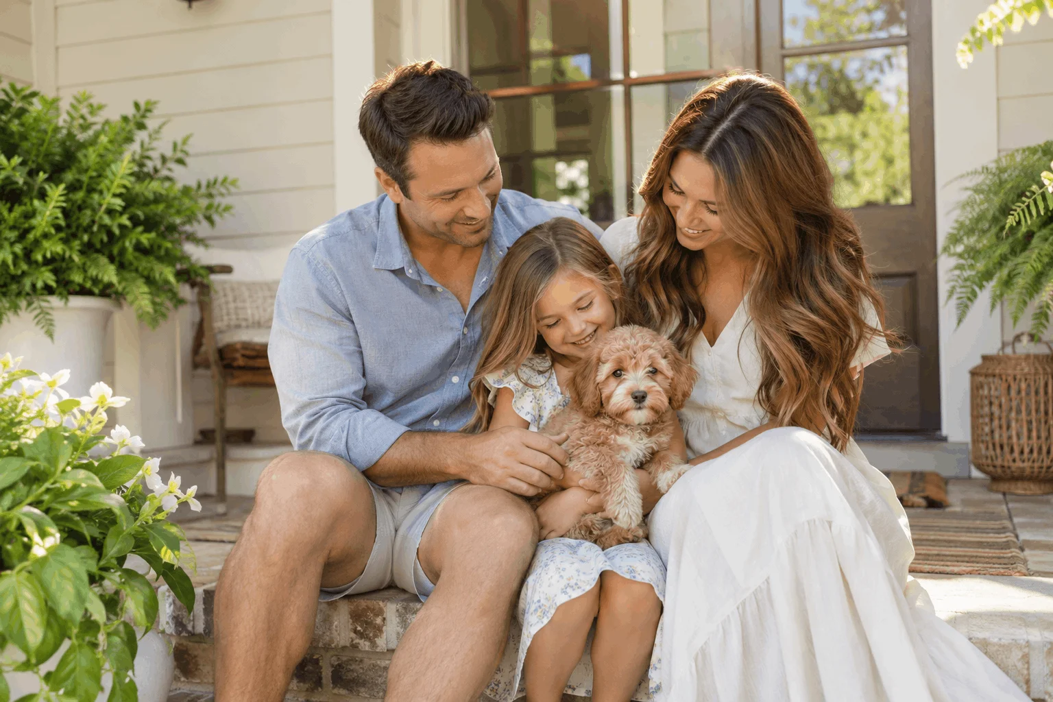 Family seated on a porch with a small-breed puppy