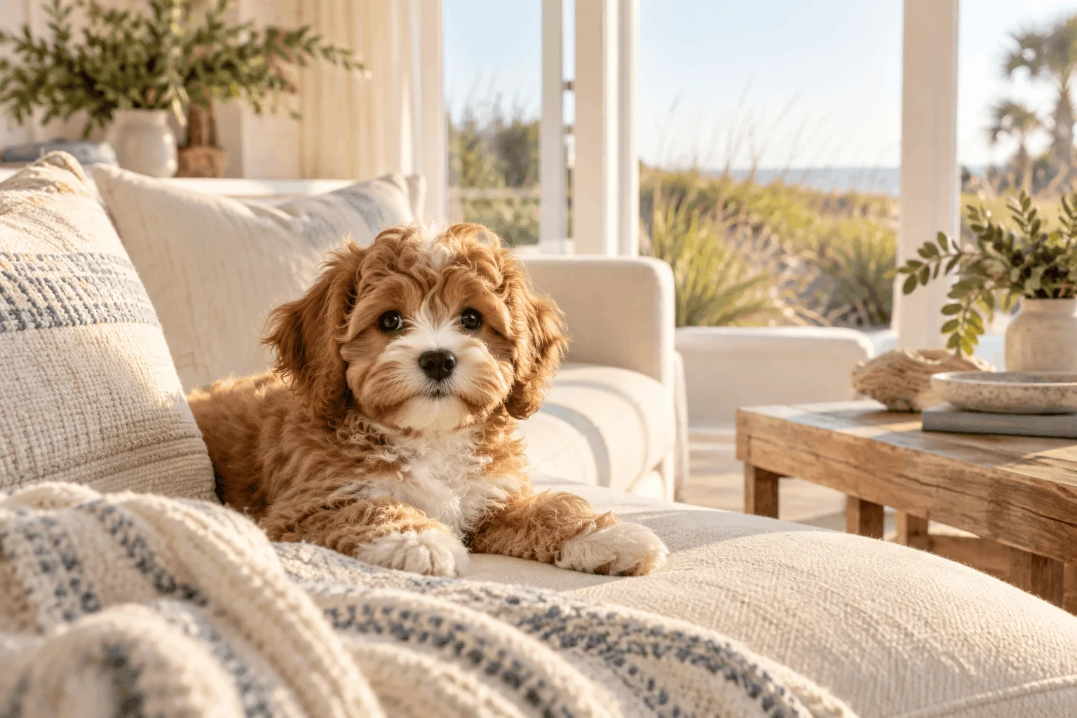 Small-breed puppy resting on a sofa