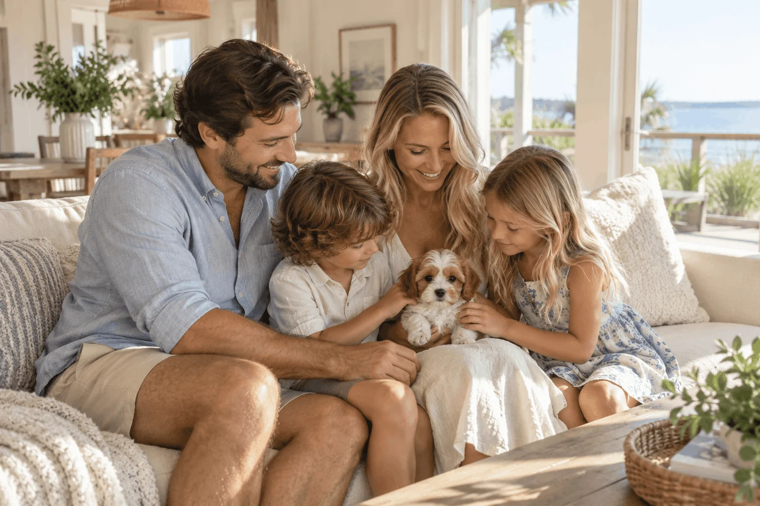 Family on a sofa with a small-breed puppy