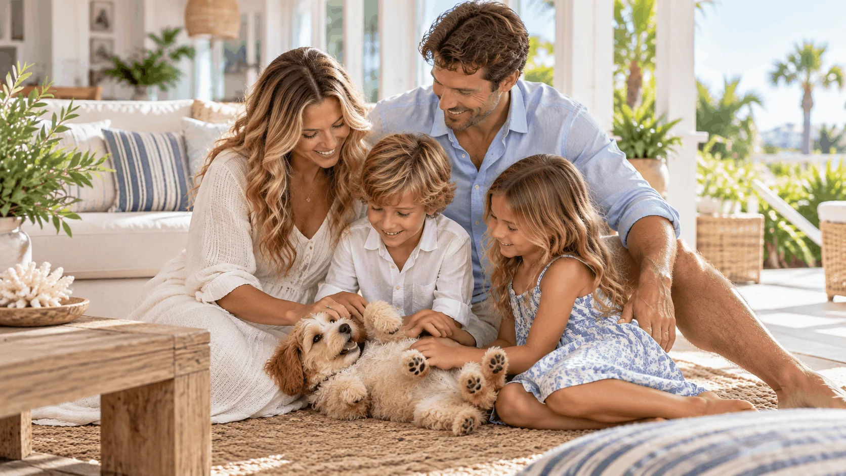 Family sitting with a small-breed puppy