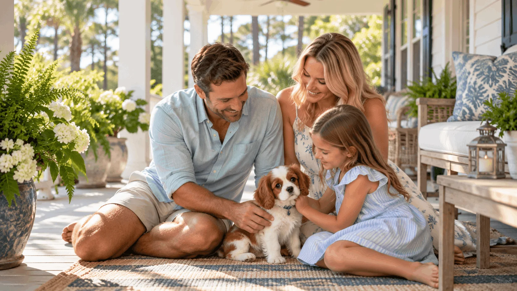Family sitting on a porch with a small-breed puppy