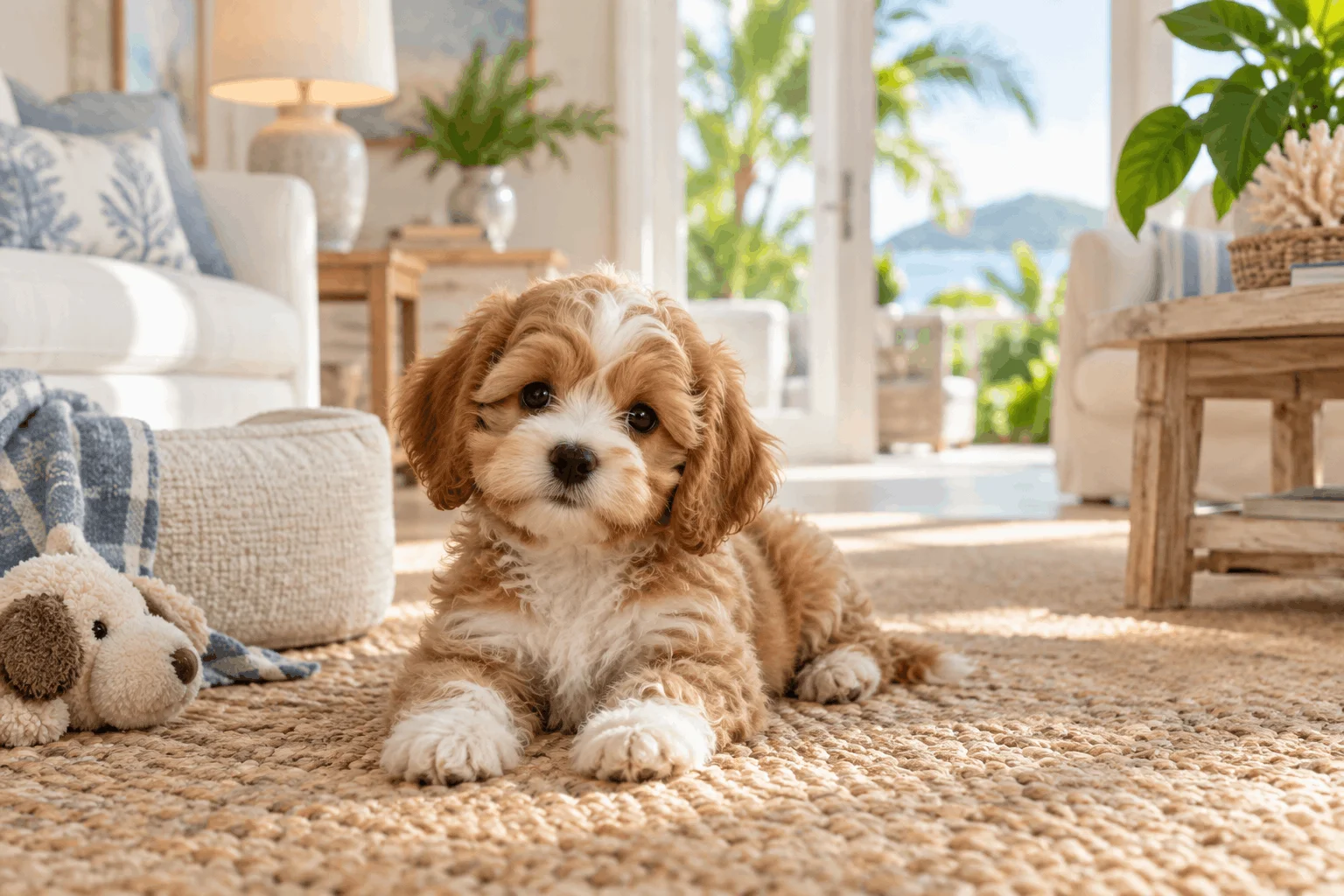 Small-breed puppy sitting on a woven rug