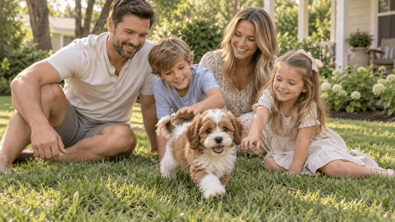 Family on a lawn with a small-breed puppy