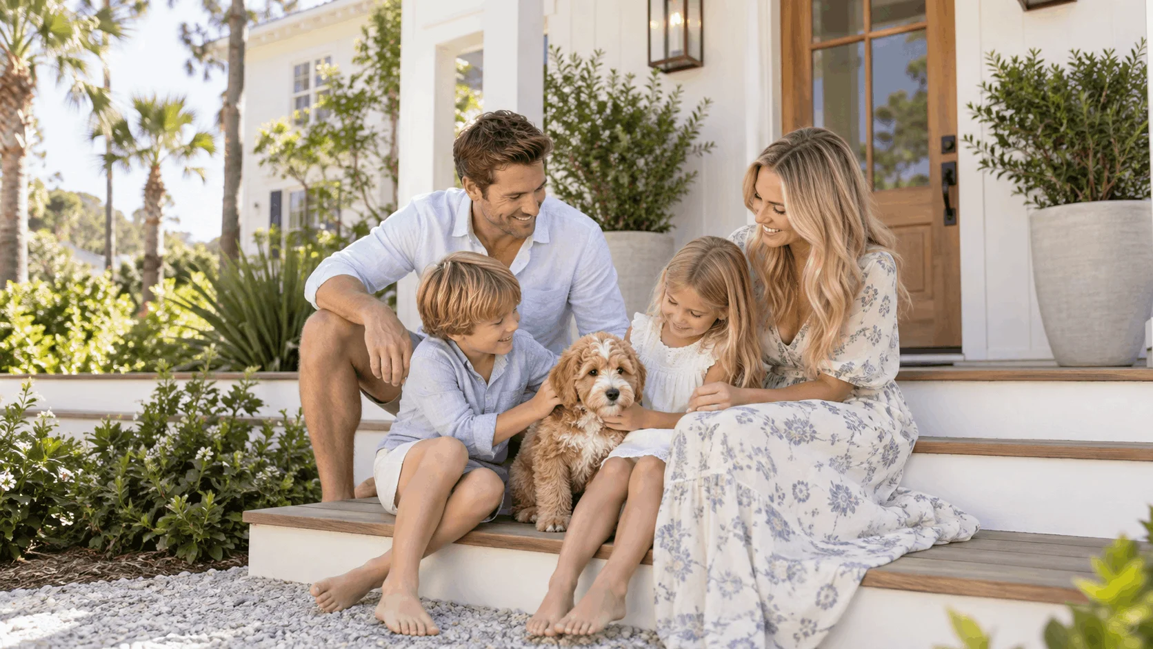 Family on the steps of a home with a small-breed puppy