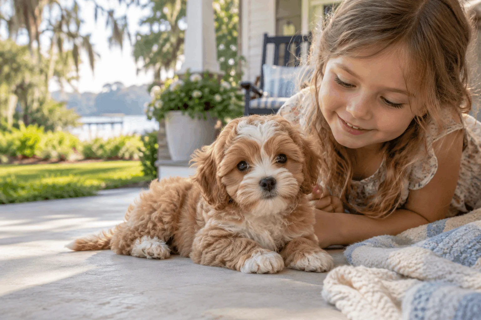 Girl resting beside a small-breed puppy