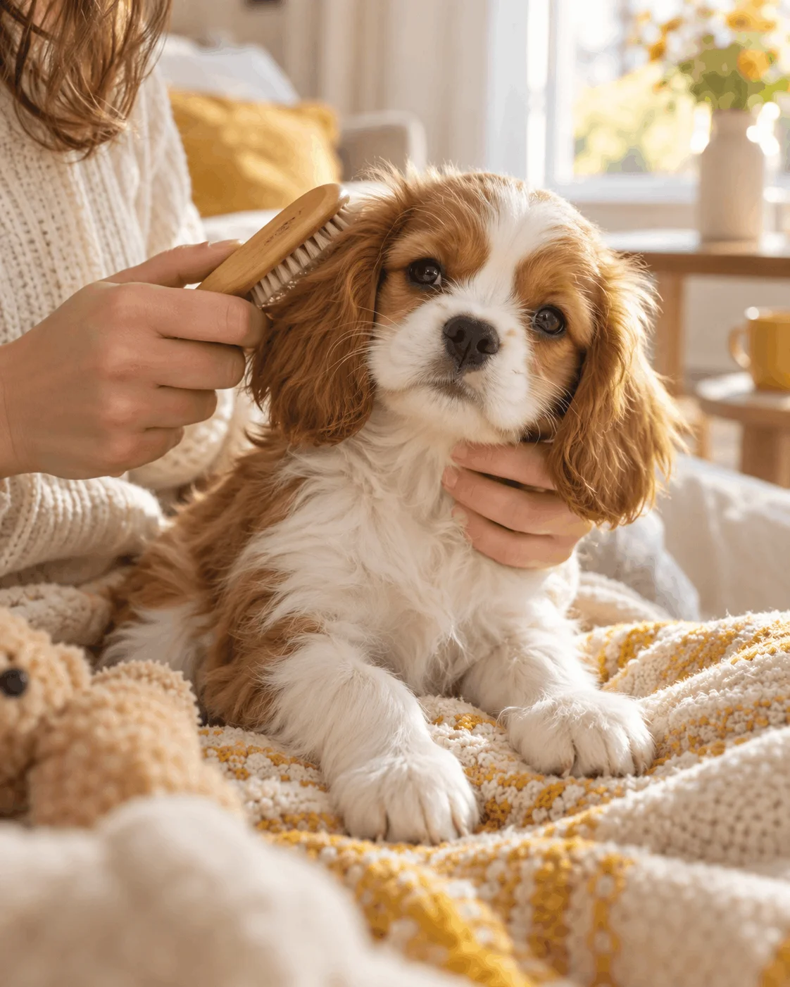 Small-breed puppy receiving gentle everyday care