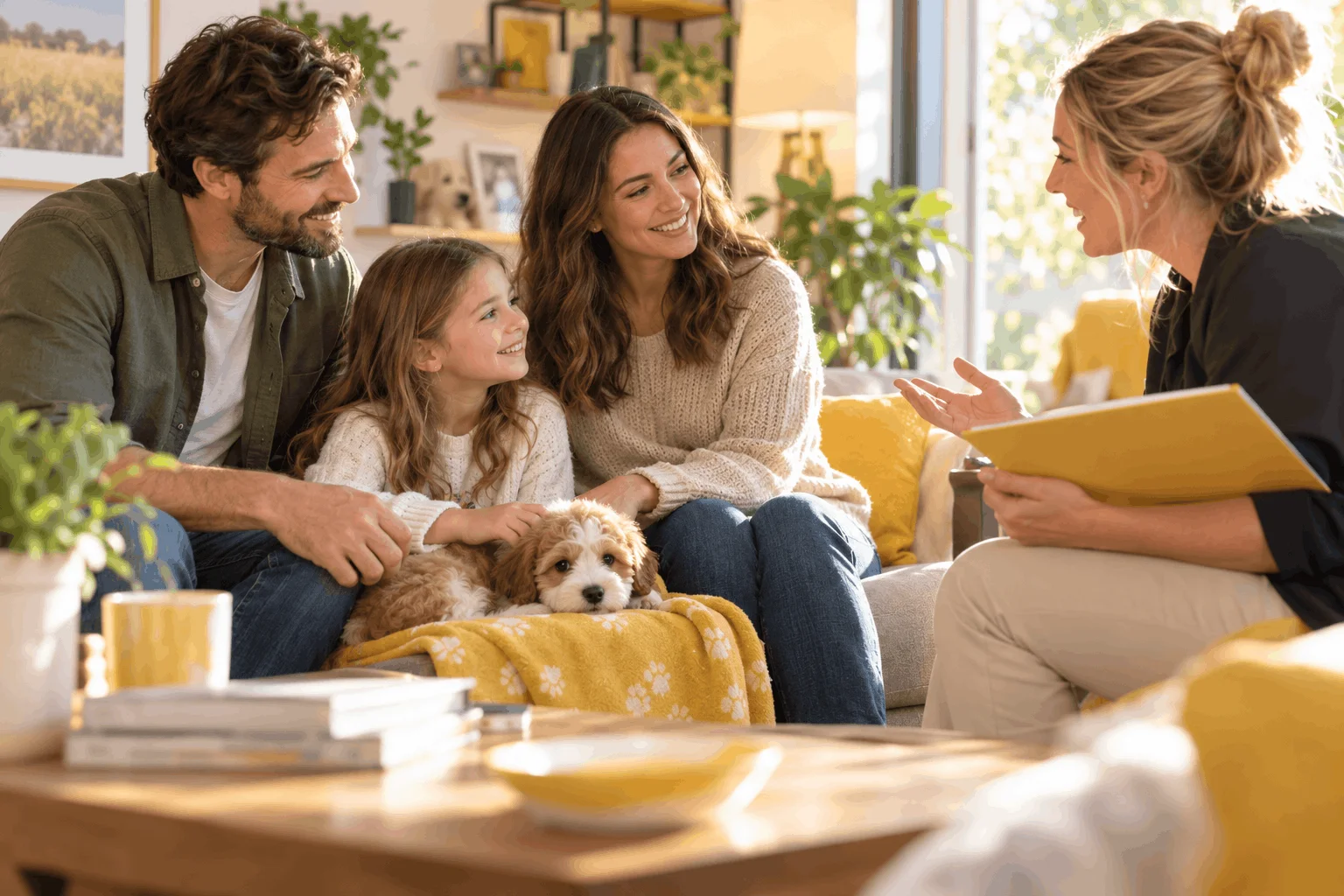 Family discussing thoughtful puppy placement
