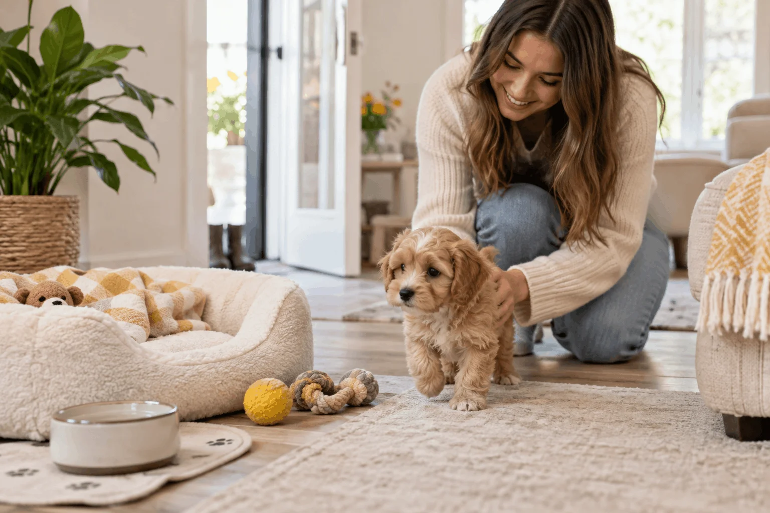 Small-breed puppy being welcomed into a family home